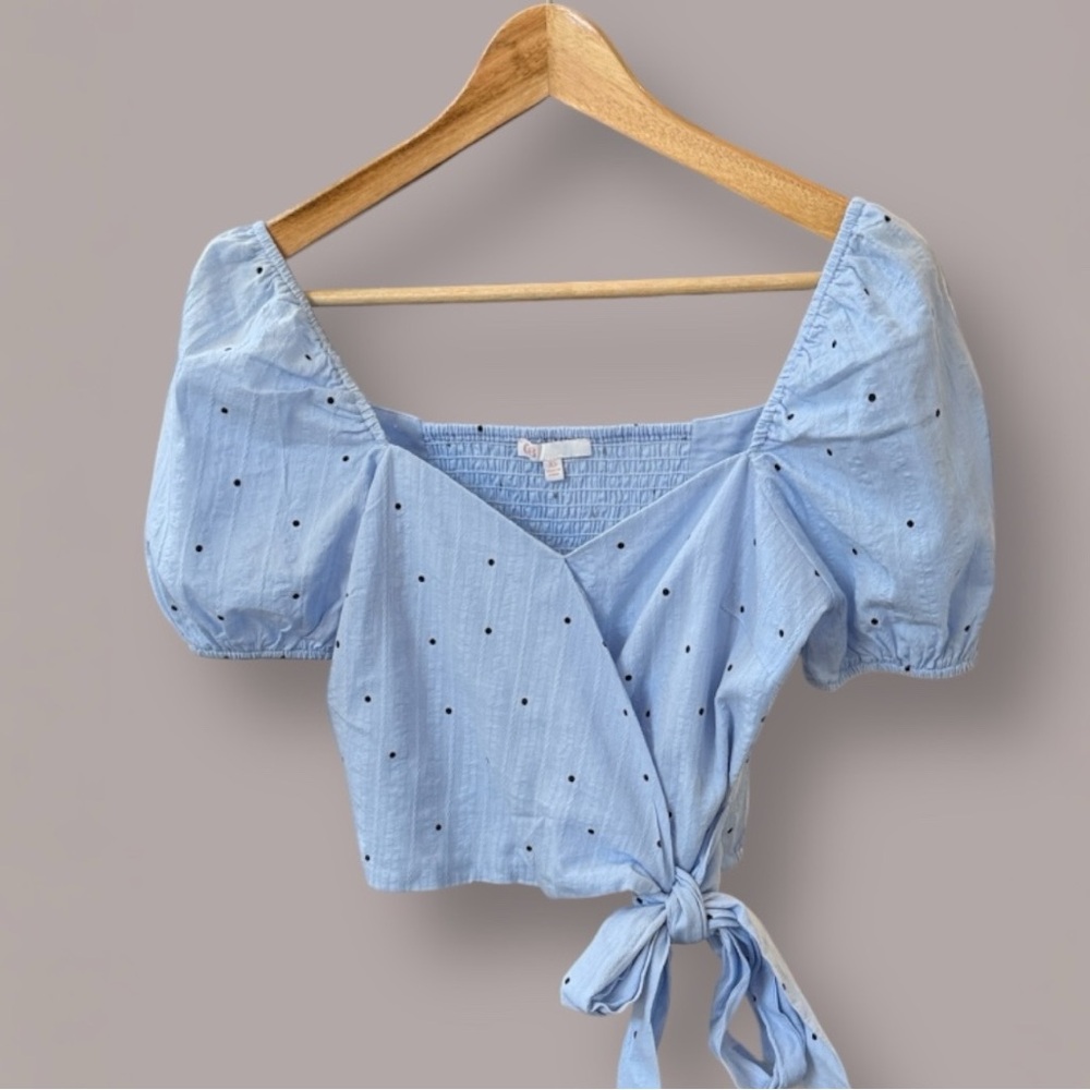 GB Light Blue Puff Sleeve Wrap Top with Black Dot Print